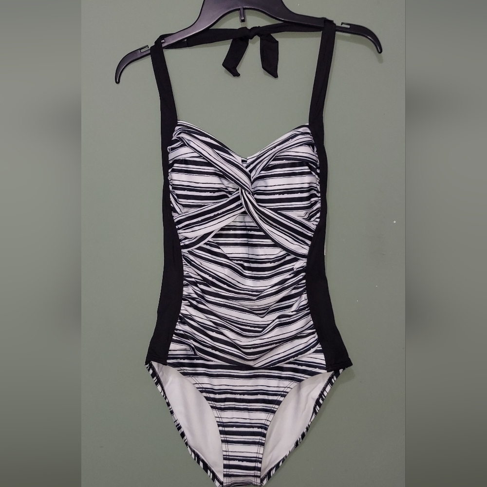 Dolfin Black and White Striped One Piece Swimsuit